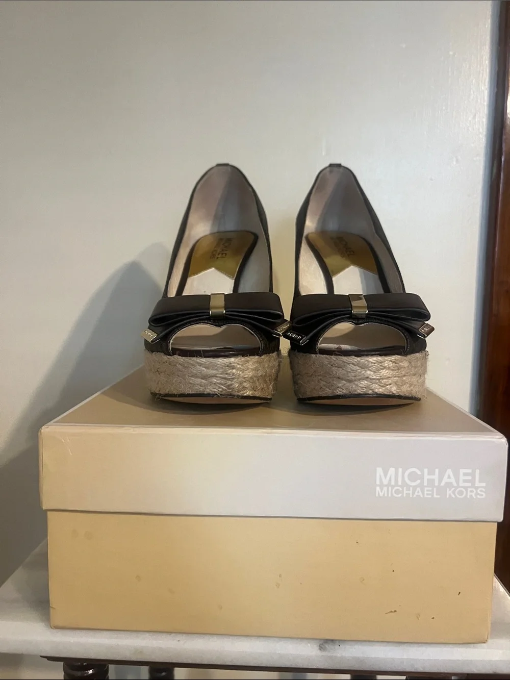 Michael Kors Dark Brown Peep-Toe Wedge Espadrilles with Bow